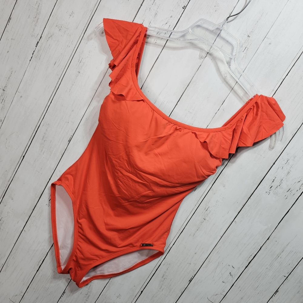 Vince Camuto Women's Orange One Piece Ruffle Sleeve Swimsuit Size 6. - Picture 2 of 6
